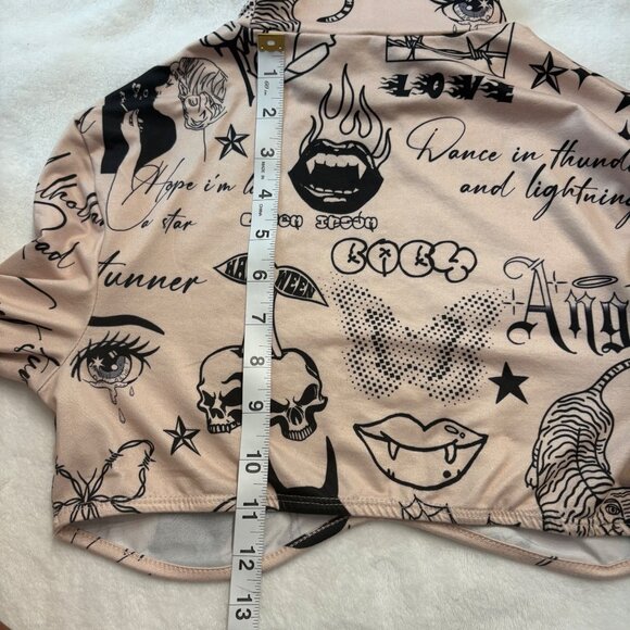 Shein Long Sleeve Tattoo Print Crop Top With Mock Neck Beige & Black Womans M - Picture 8 of 16